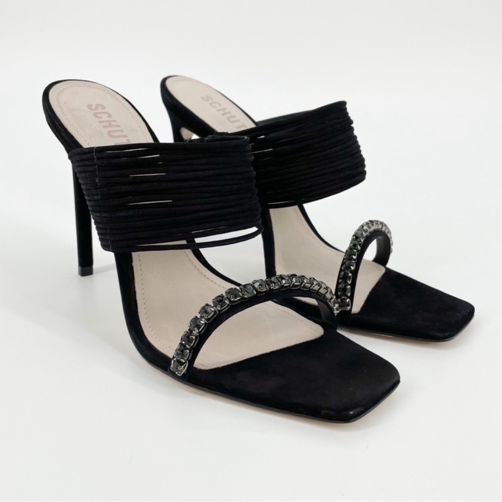EUC Schutz Kimber Black Suede Strappy Mule Pump with Rhinestone Jewels